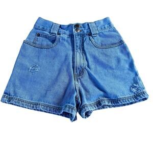 Vintage 90s Size XS High Rise Distressed Med Blue Wash Cotton Denim Shorts USA